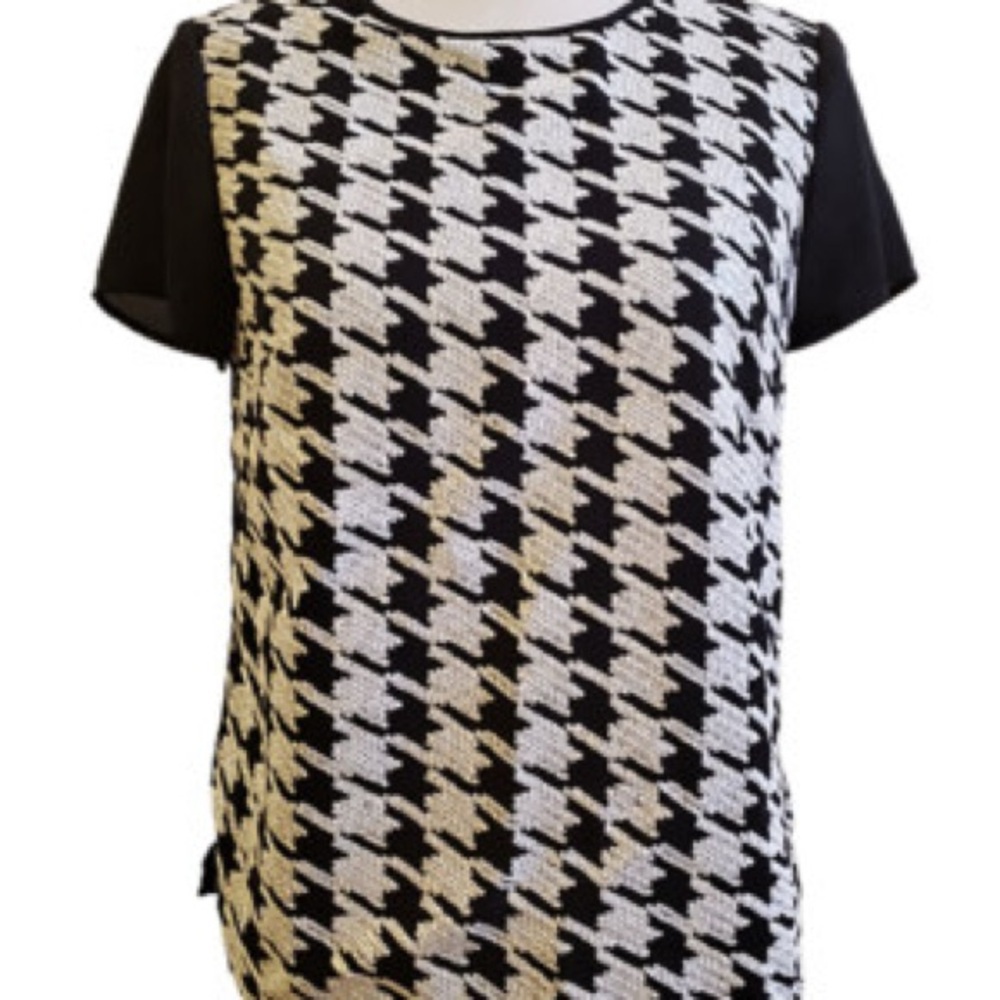 Talbots Black and White Houndstooth Blouse Sequins Top, Size 12